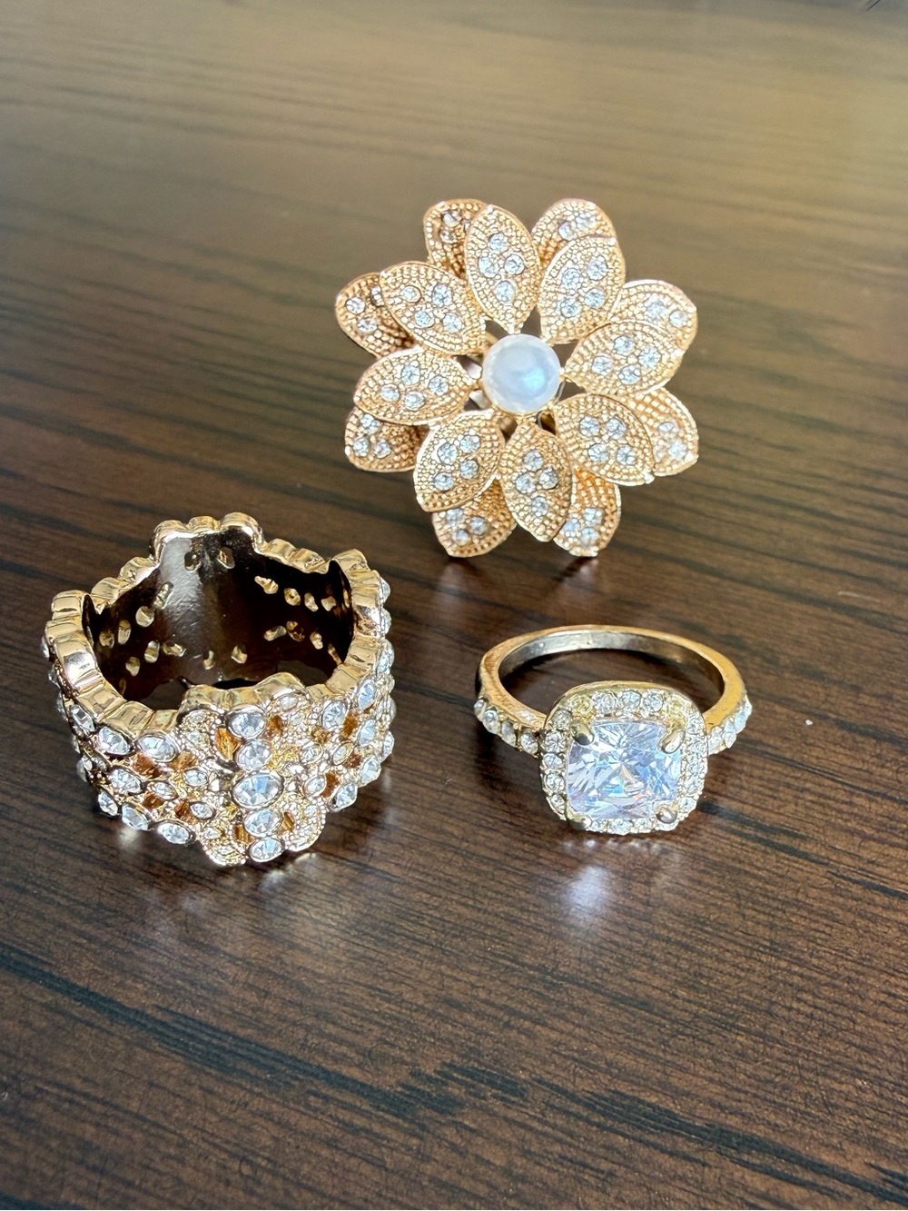Gold Floral & Crystal Statement Ring Set - Women's Jewelry